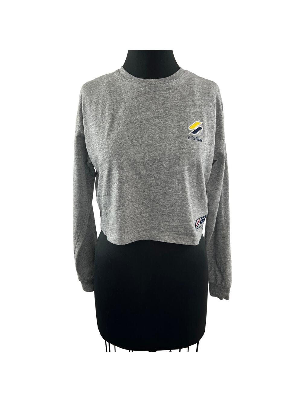 SUPERDRY Gray Sportstyle Essential Crop Top Cotton Ribbed Cuffs Crew Neck Size 4